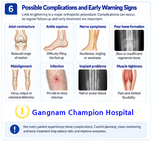 Possible complications of limb lengthening including joint contracture, ankle equinus, nerve symptoms, poor bone formation, malalignment, infection and implant problems